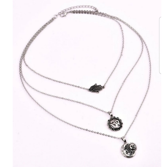 Silver Hamsa Om Moon Sun Charm Necklace - Picture 3 of 5
